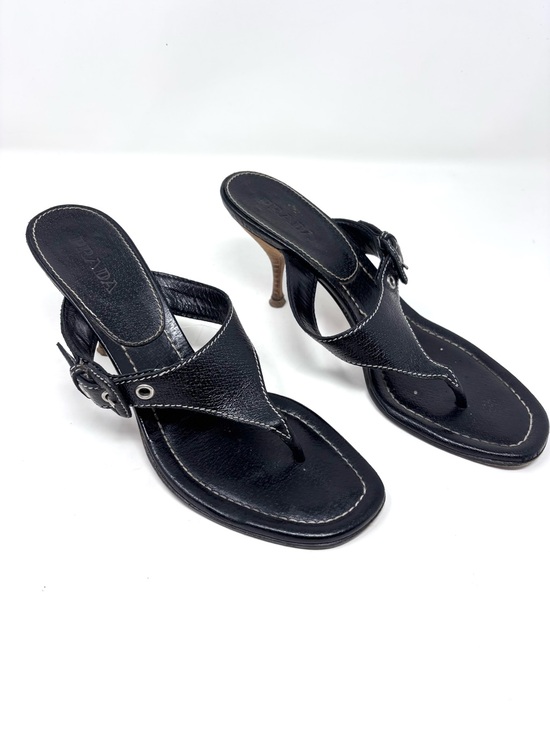 Prada Shoes - Vintage Prada Black Leather Thong Sandals Buckle T-Strap Kitten Heel size 39